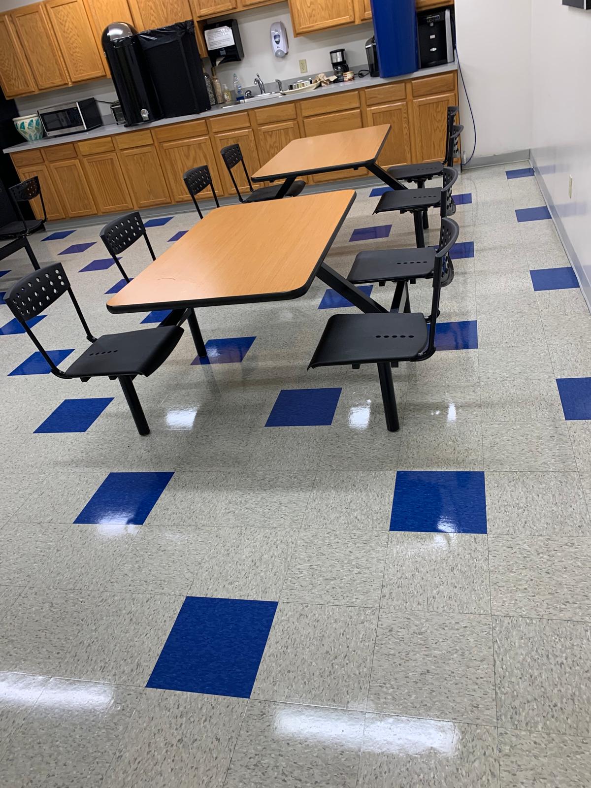 Floor stripping and waxing process using professional machinery